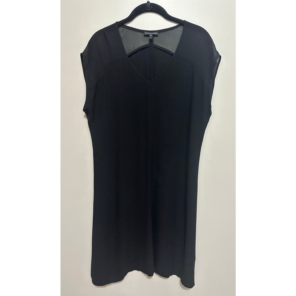 Eileen Fisher Small Black 100% Silk V-Neck Sheer Shoulder Shift Dress